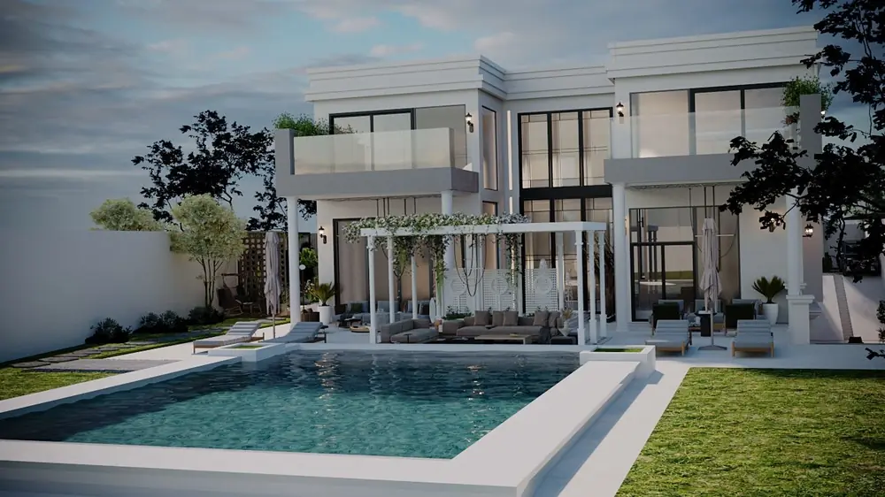 Conception 3D : Façade et piscine, Villa K., El Jadida