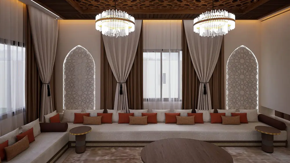 Conception 3D : Salon marocain à moucharabieh, Villa O., Bouskoura