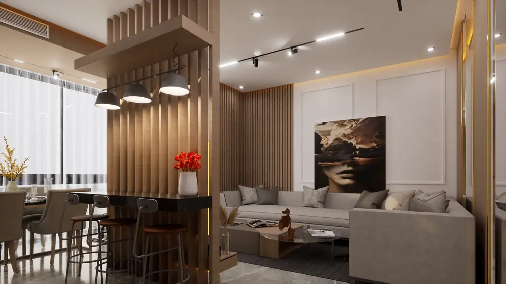 Rendu 3D d'un studio à Marrakech : séjour, bar et claustra en bois