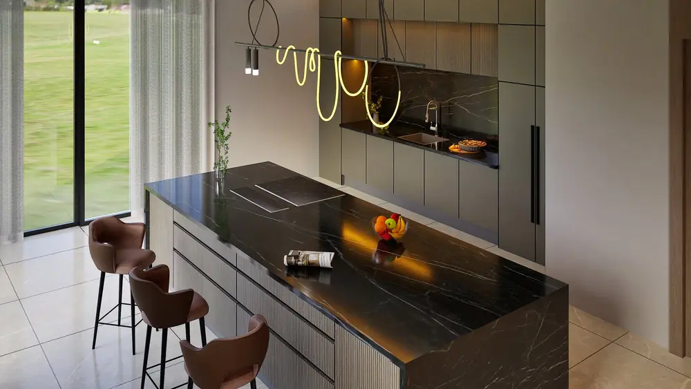 Cuisine à îlot en marbre noir, villa contemporaine (rendu 3D)