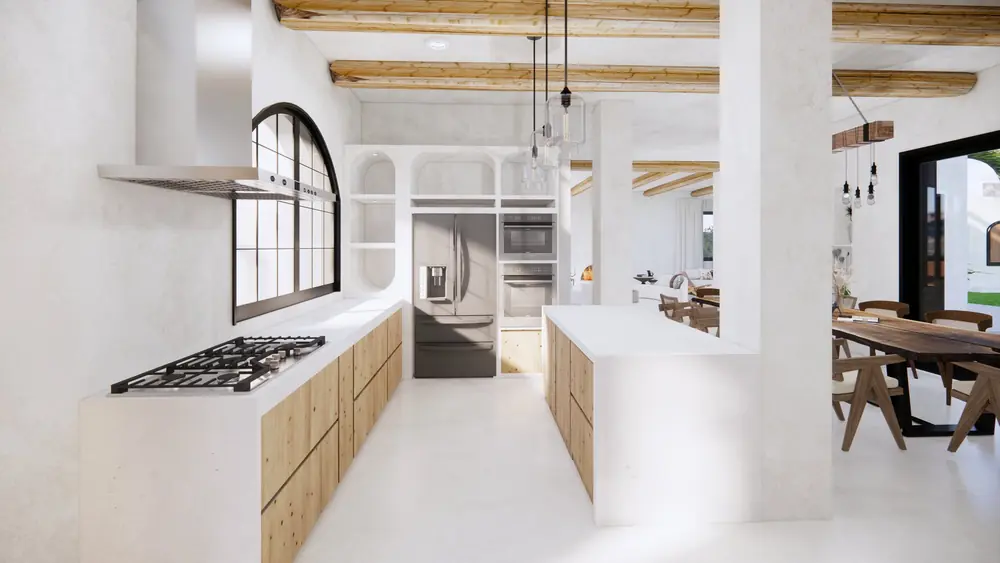 Cuisine ouverte en bois et enduit blanc (rendu 3D)