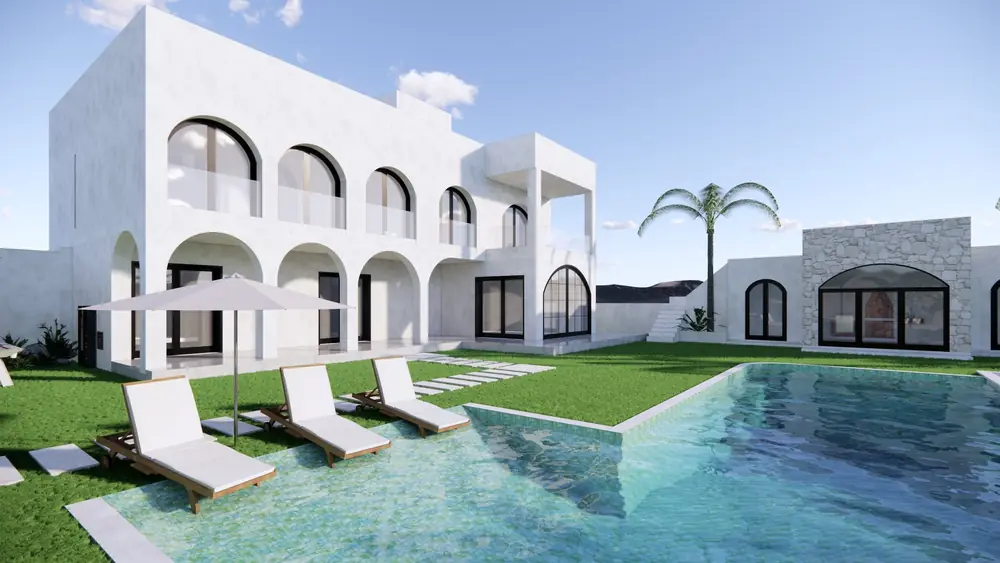 Extérieur et piscine, villa méditerranéenne (rendu 3D)