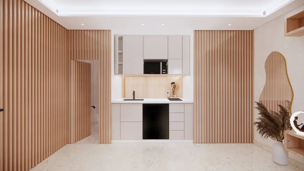 Kitchenette et claustra en bois (rendu 3D)