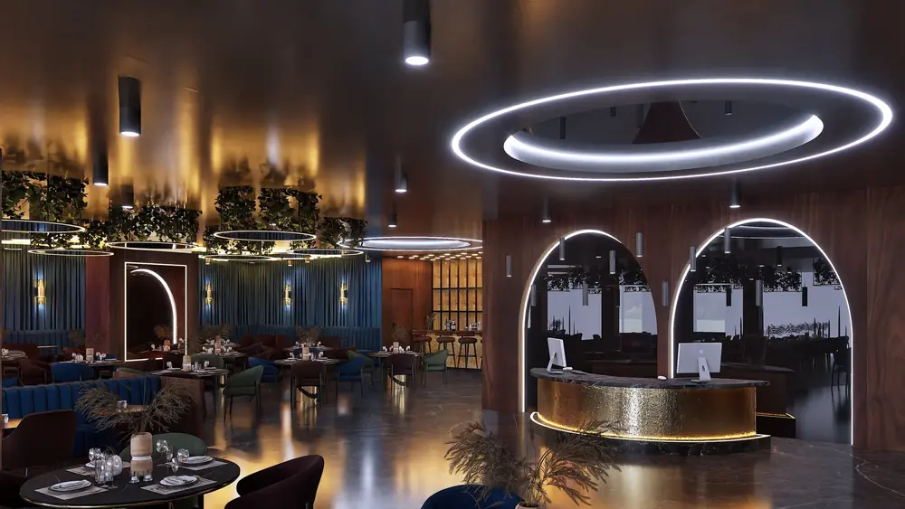 Rendu 3D : accueil en laiton martelé sous arches lumineuses, Restaurant R., El Jadida