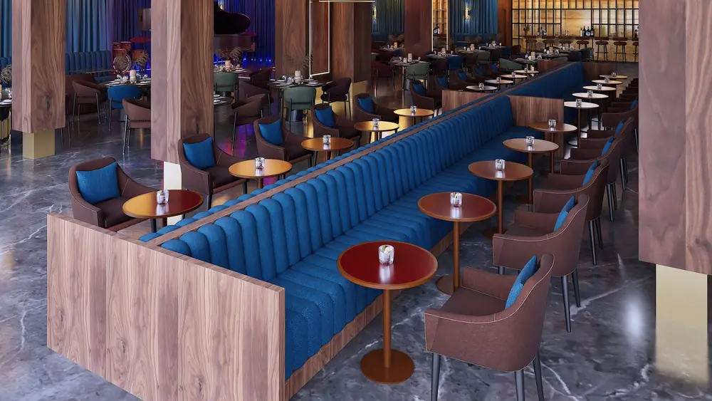 Rendu 3D : banquette capitonnée bleue sur socle en noyer, Restaurant R., El Jadida