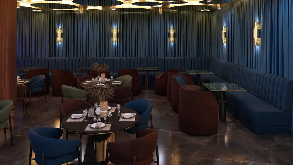 Rendu 3D : banquettes en velours et appliques dorées, Restaurant R., El Jadida