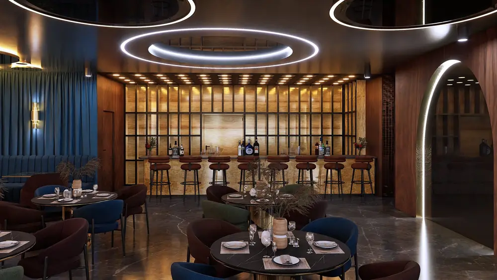 Rendu 3D : bar rétroéclairé et tabourets en cuir, Restaurant R., El Jadida