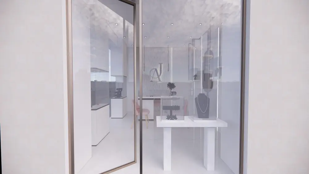 Rendu 3D de la bijouterie : vitrines éclairées et comptoir en marbre