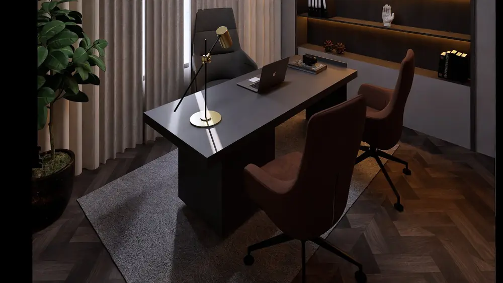 Rendu 3D : bureau de direction, parquet à chevrons, Restaurant R., El Jadida