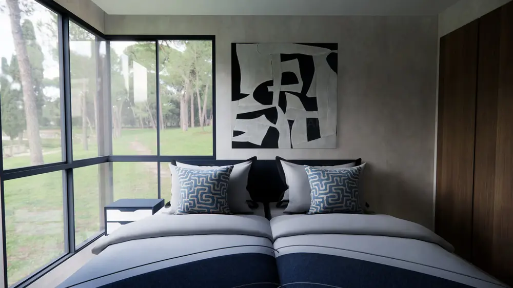 Rendu 3D de la chambre à deux lits, appartement à Marrakech