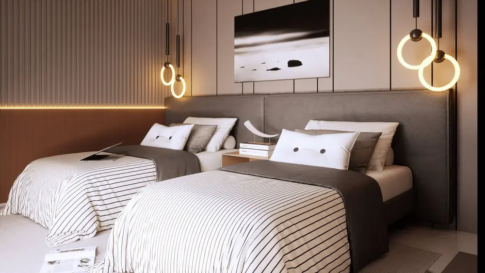 Rendu 3D : chambre d'enfants, lits jumeaux