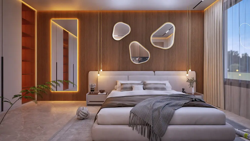 Rendu 3D : chambre à l'étage, tête de lit en noyer