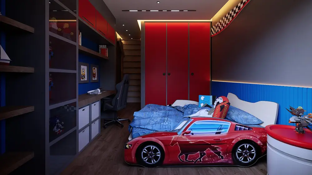 Rendu 3D : chambre de garçon sur le thème automobile