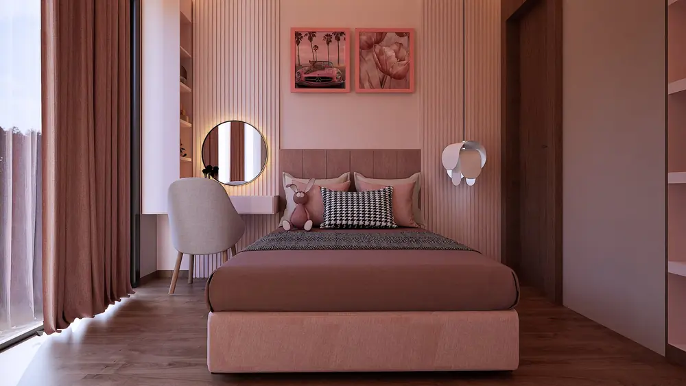 Rendu 3D : chambre de jeune fille, rose poudré et rangements