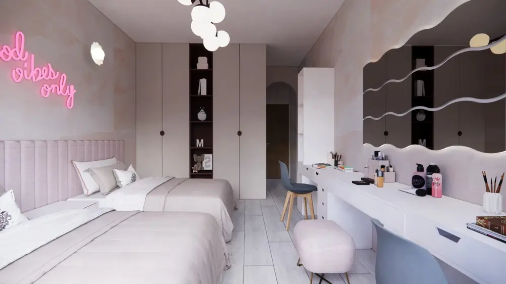Rendu 3D : chambre, lits, bureau et rangements sur mesure