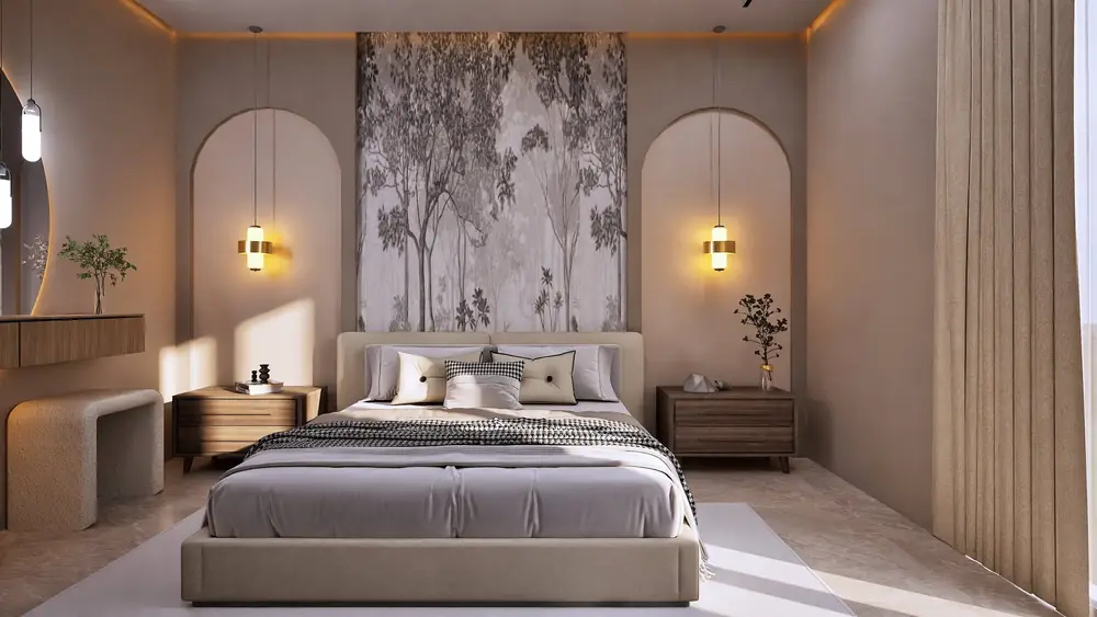 Rendu 3D : chambre parentale, arches et papier peint végétal