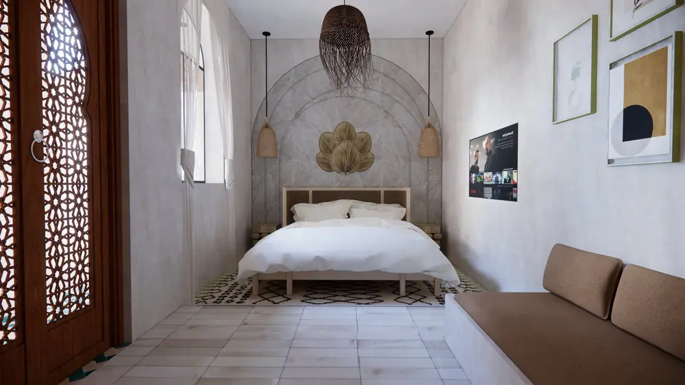 Conception 3D : Chambre de riad : porte en moucharabieh, arche et suspensions tressées, Riad N., médina de Marrakech