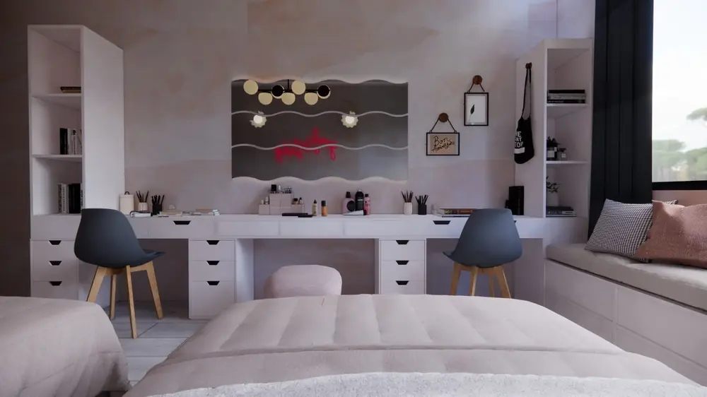 Rendu 3D : coiffeuse et bureau intégrés