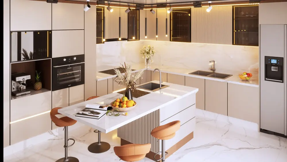Rendu 3D : cuisine blanche avec îlot