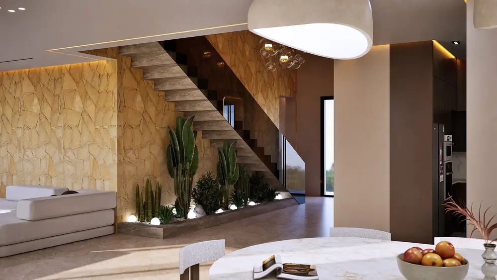 Conception 3D : Escalier suspendu, mur en pierre et jardin intérieur, Villa J., Marrakech