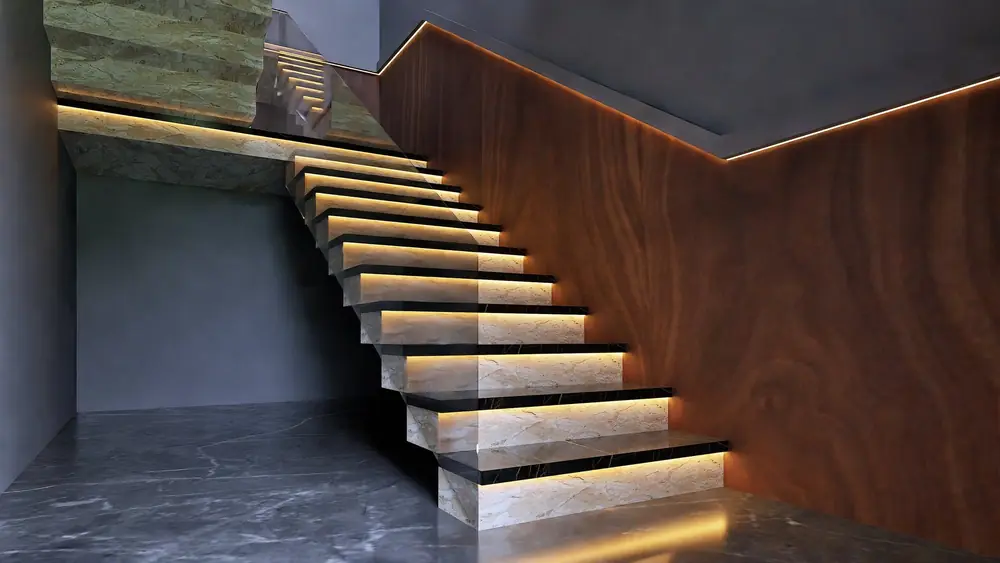 Rendu 3D : escalier suspendu en marbre, marches éclairées, Restaurant R., El Jadida