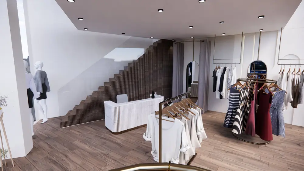 Rendu 3D de l'accueil d'une boutique : banque d'accueil et présentoirs