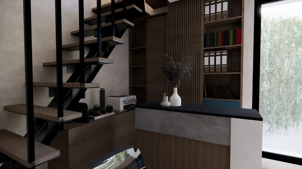 Rendu 3D : l'escalier de la mezzanine et l'accueil
