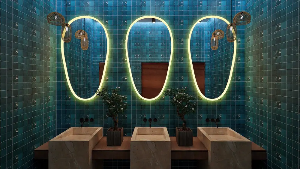 Rendu 3D : faïence vert profond et miroirs lumineux, Restaurant R., El Jadida