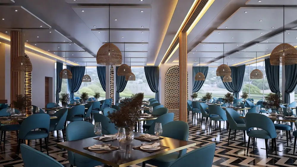 Rendu 3D de l’étage du restaurant, variante chaises bleues