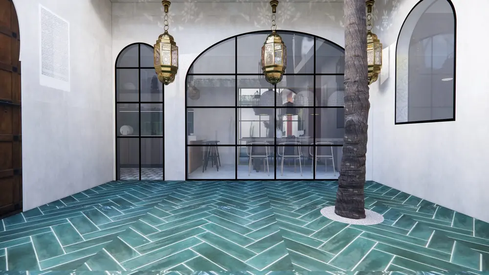 Conception 3D : Patio en zellige vert, arches et lanternes, Riad N., médina de Marrakech