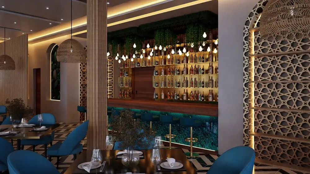 Rendu 3D d'un restaurant : bar et moucharabieh