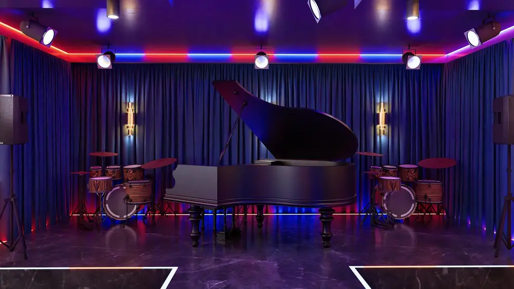 Rendu 3D du rez-de-chaussée : scène musicale et piano