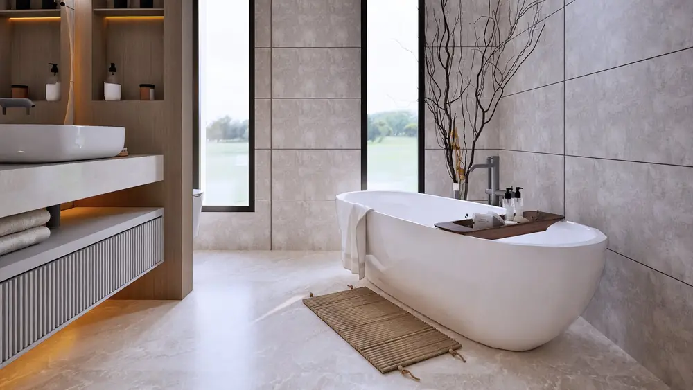 Rendu 3D : salle de bain avec baignoire îlot