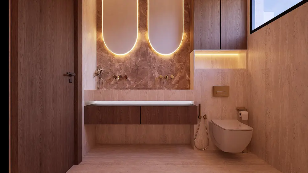 Rendu 3D : salle de bain bois, miroirs rétroéclairés