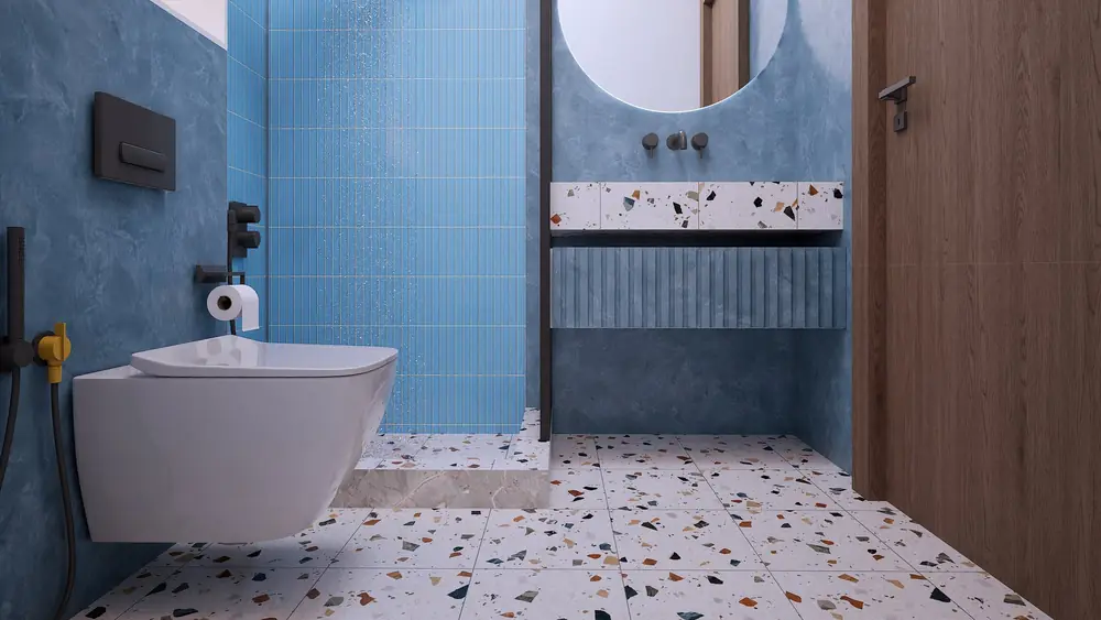 Rendu 3D : salle de bain d'enfant, faïence bleue et terrazzo