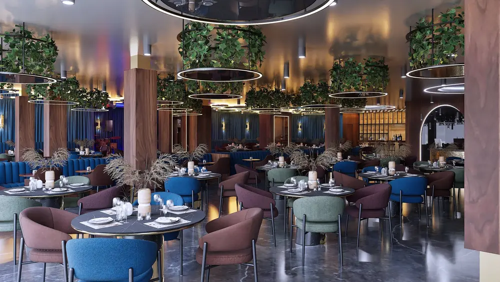 Rendu 3D de la salle du restaurant, suspensions végétales et banquettes