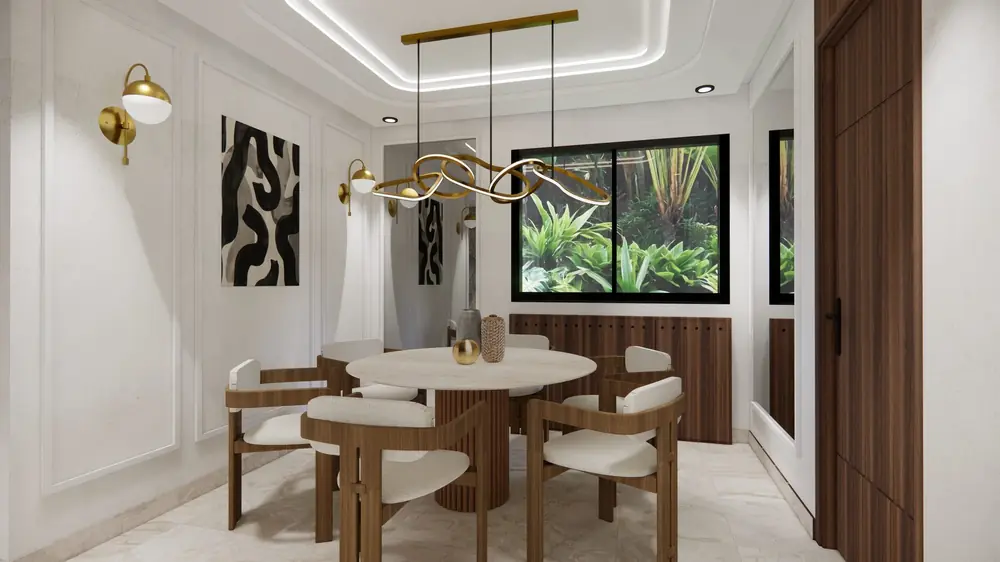Rendu 3D de la salle à manger, villa neuve à Dar Bouazza