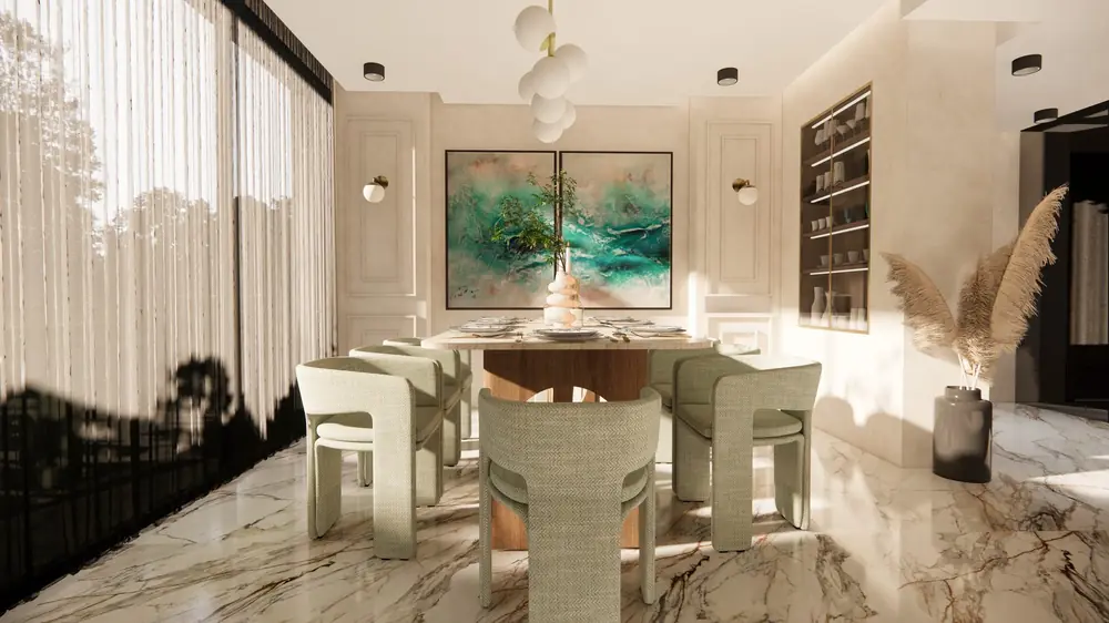 Rendu 3D de la salle à manger, villa rafraîchie à Dar Bouazza
