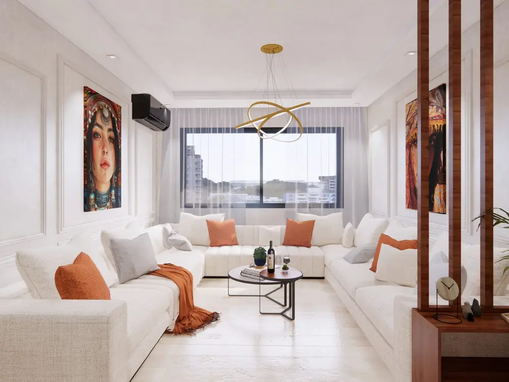Rendu 3D du salon, appartement à Casablanca (Californie)