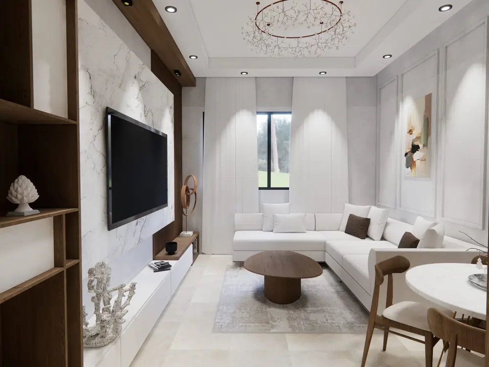 Rendu 3D du salon d'un appartement à Casablanca : canapé d'angle, mur TV en marbre