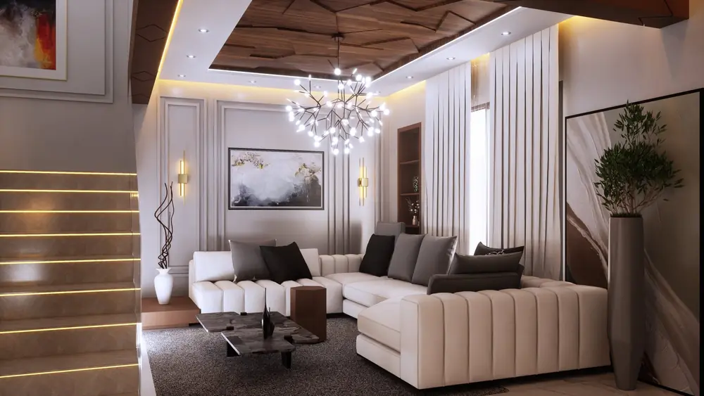 Rendu 3D : salon sous lustre en cristal