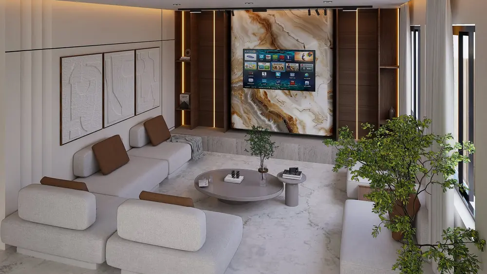Rendu 3D du salon d'une villa à Bouskoura