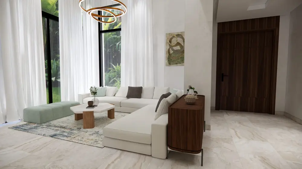 Rendu 3D du salon, villa neuve à Dar Bouazza
