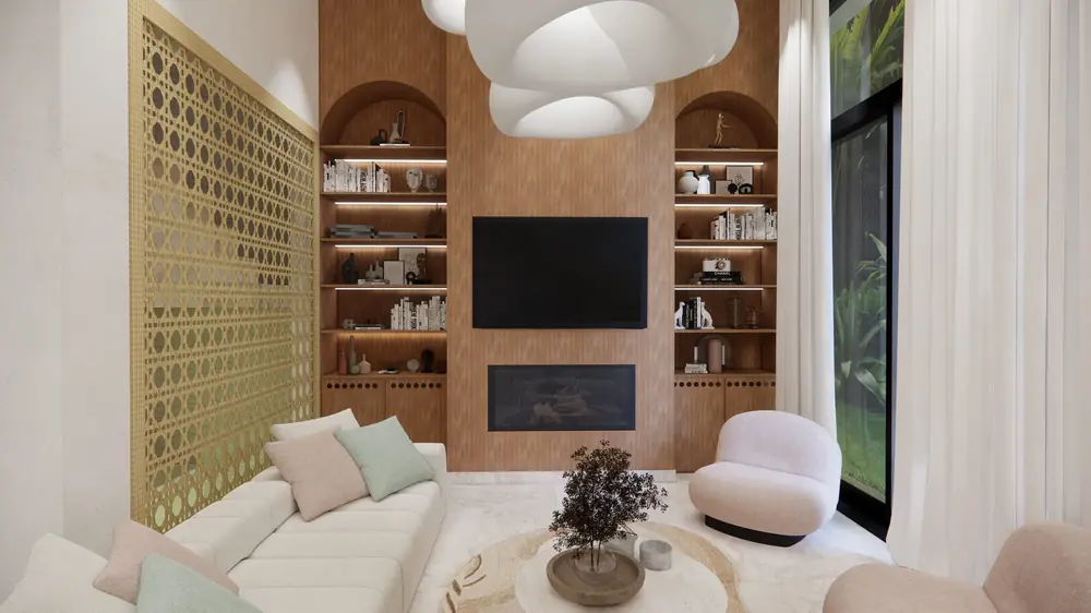 Rendu 3D du séjour d'une villa à Dar Bouazza : bibliothèque en noyer et cheminée