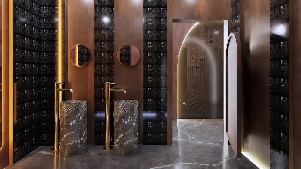 Rendu 3D : sanitaires noir et noyer, robinetterie laiton, Restaurant R., El Jadida
