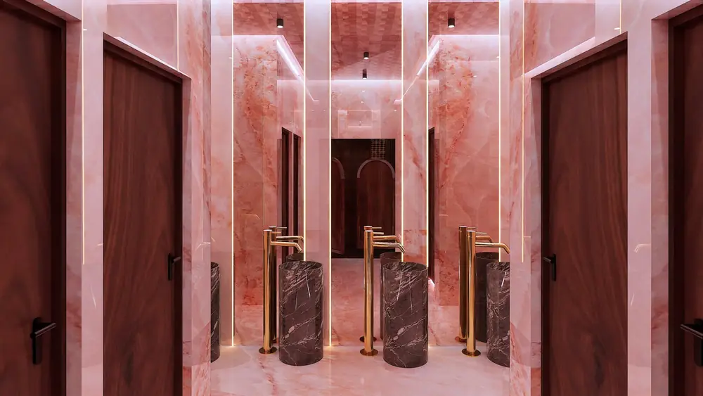 Rendu 3D : sanitaires en onyx rose et vasques en marbre, Restaurant R., El Jadida