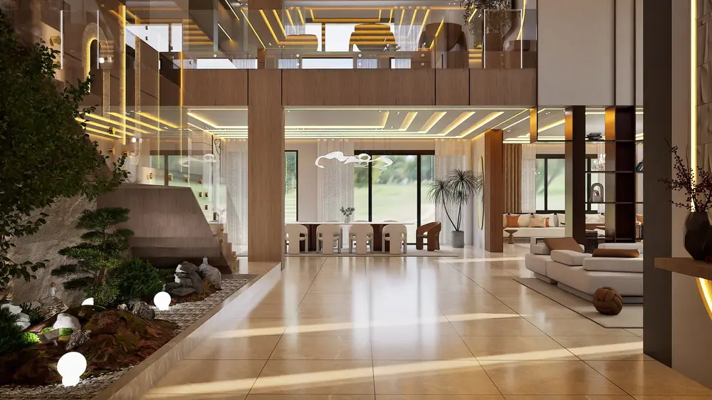 Conception 3D : Séjour double hauteur et jardin intérieur, Villa I., 600 m²