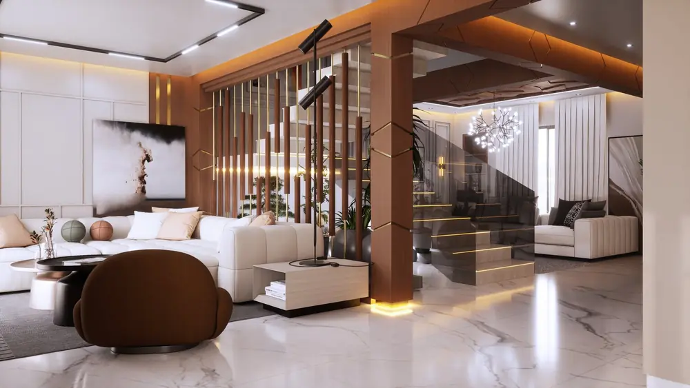 Rendu 3D du séjour d'une villa : escalier et double hauteur