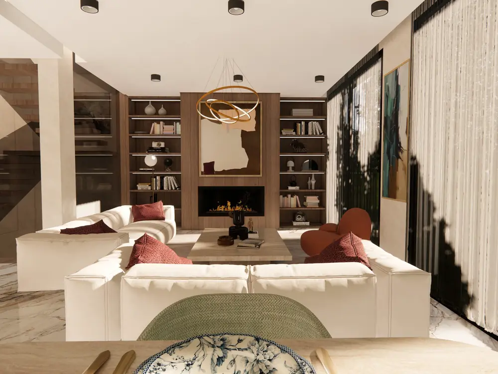 Rendu 3D du séjour, villa rafraîchie à Dar Bouazza