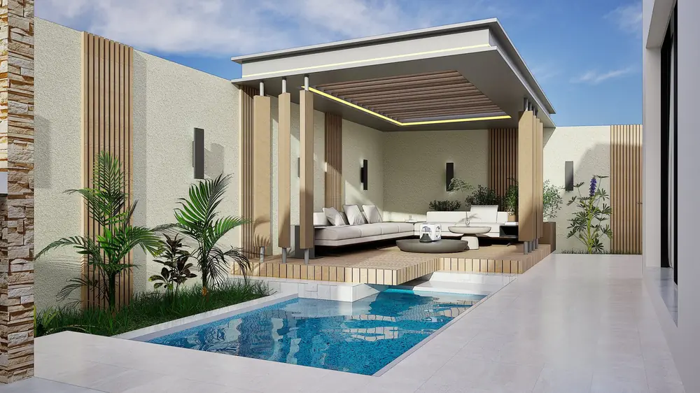 Conception 3D : Piscine et pergola, Villa O., Bouskoura